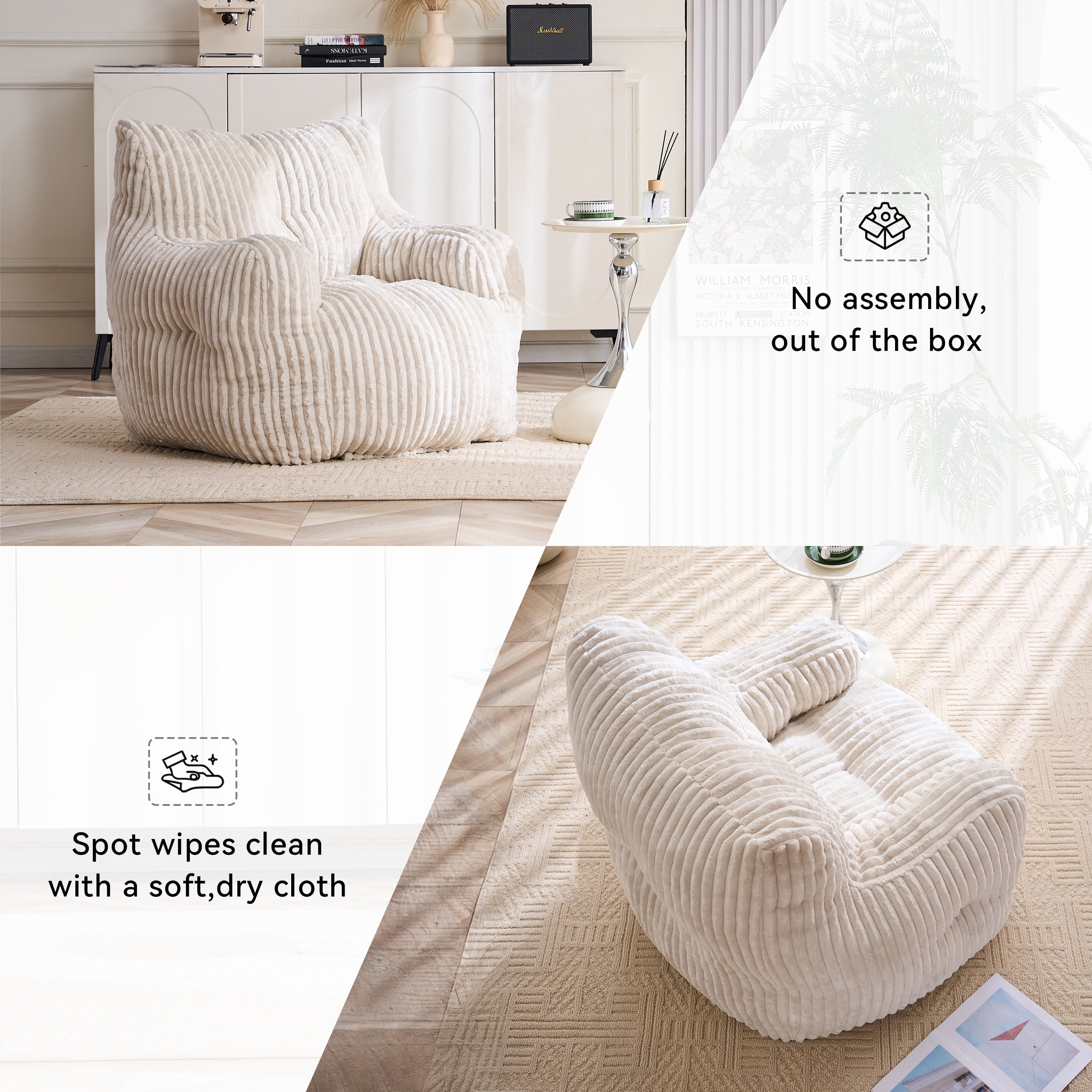 Soft Fluffy Corduroy Fabric Bean Bag Chair Filled With Memory Sponge, Beige