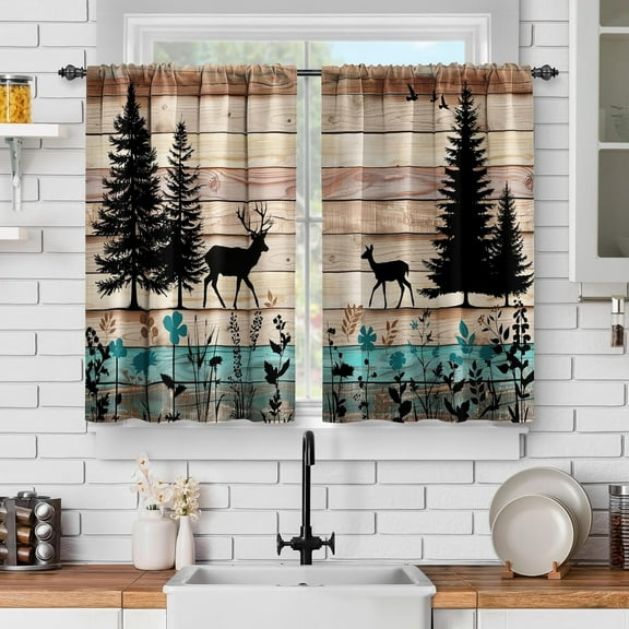 Kitchen Curtains Sets for Windows - Farmhouse Forest Cabin Country Bear Deer Nature Printed Short Half Cafe Curtain for Dining Room Bathroom Decor Rod Pocket Window Drapes 40Inch Length