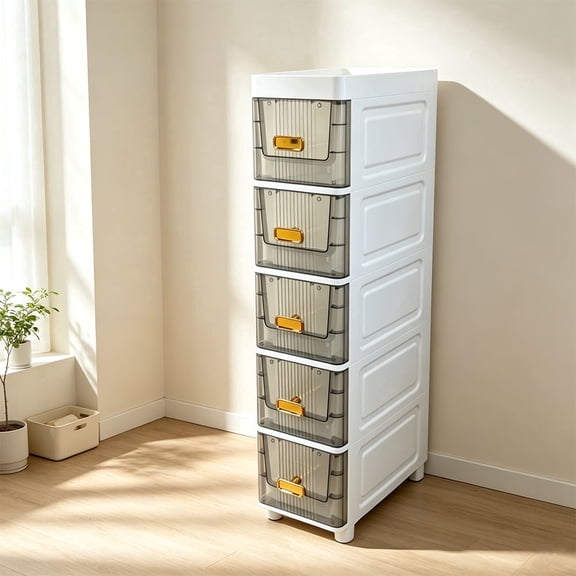 TLCEKVEC 5‑Tier Slim Plastic Drawer Storage Cabinet Organizer, Hard Translucent Drawers for Narrow Space, Makeup & Craft Supplies, White