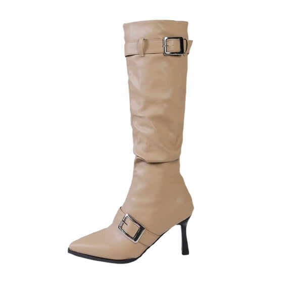 Womens Knee High Boots Stiletto Heels Pointed Toe Metal Buckle Winter Boots (Khaki 36)