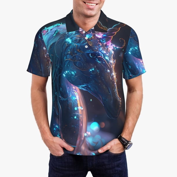 Balery Crystal Pattern White Horse Camisa Polo de Hombre con Estampado, de Manga Corta y Tejido Medio, Camisa Tipo Golf Polo-3X-Large