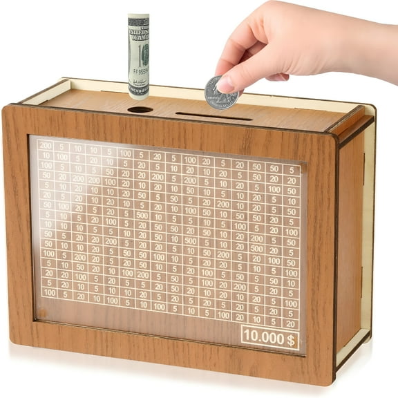 LAMIRO 10000 Savings Challenge Wooden Box,Money Vault Coin Bank