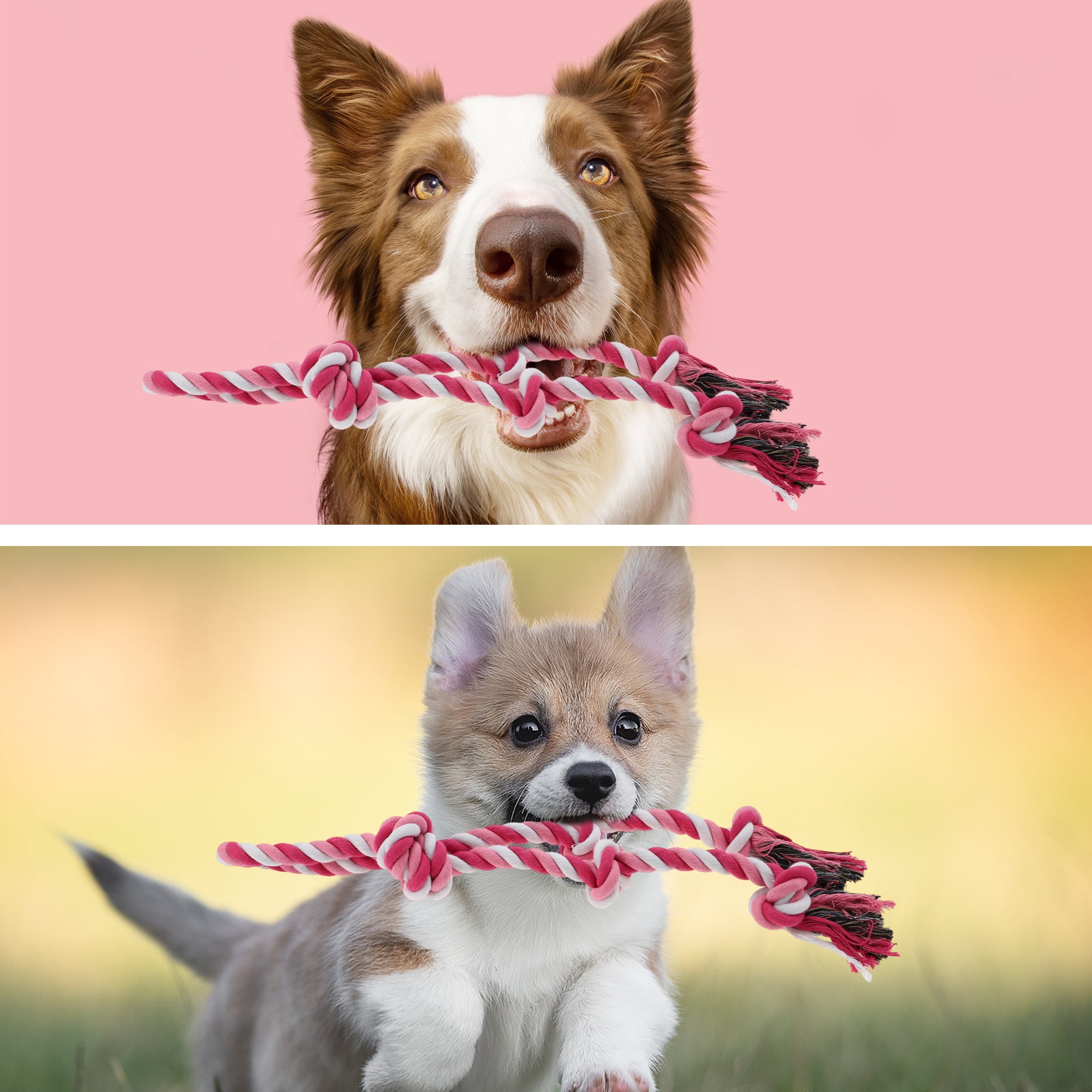 Knots Shape Dog Chew Rope Durable Braided Cotton Teeth Cleaning Rope for Cats Dogs Rose Red White