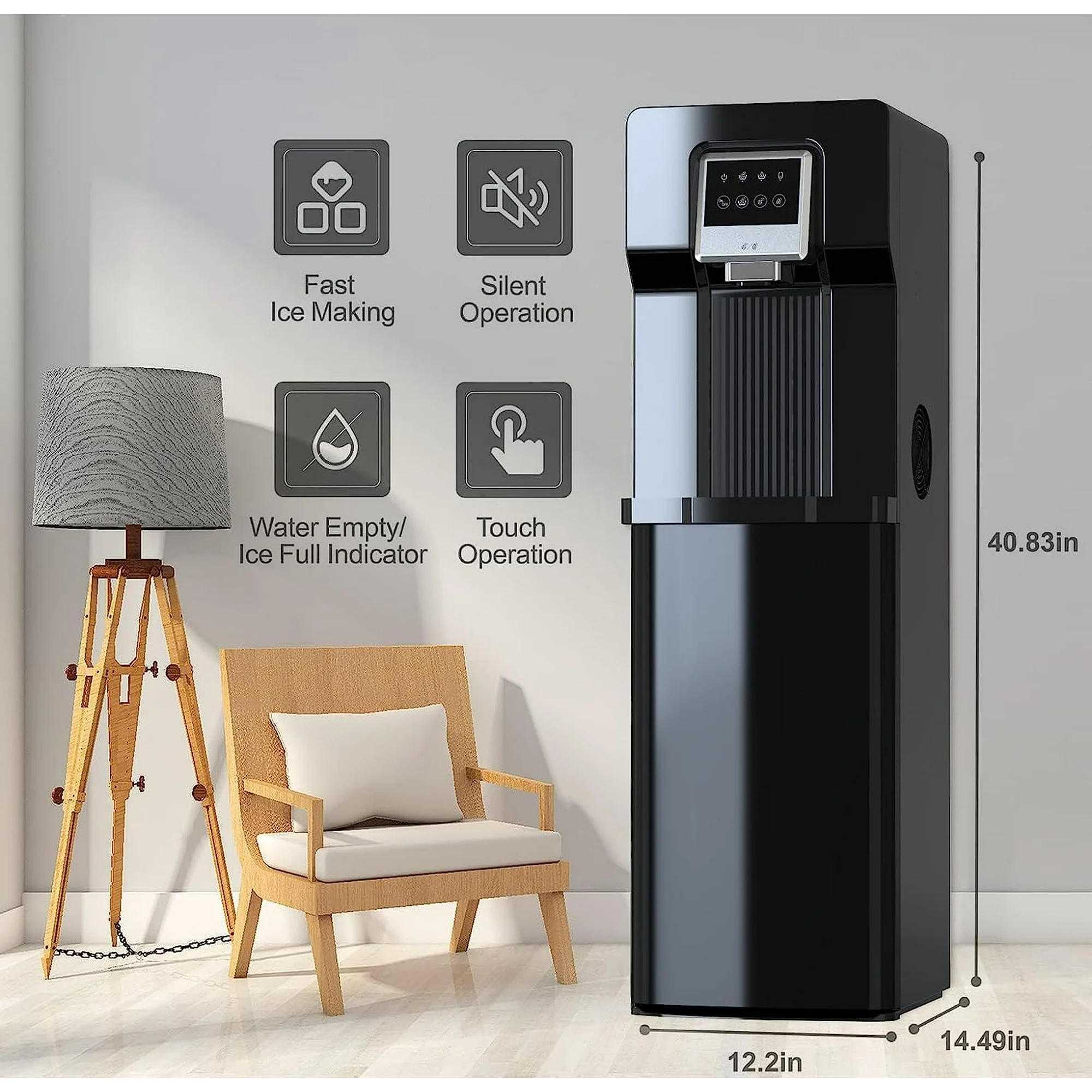 SOOPYK Water Dispenser with Ice Maker Bottom Loading  18lbs Ice Daily Capacity ,for 3–5 Gallon Bottles,for Home/Office,Black (No Hot Water)