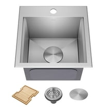 KRAUS Kore 15” Drop In / Top Mount Workstation 16 Gauge Single Bowl Stainless Steel Bar Kitchen Sink with Accessories