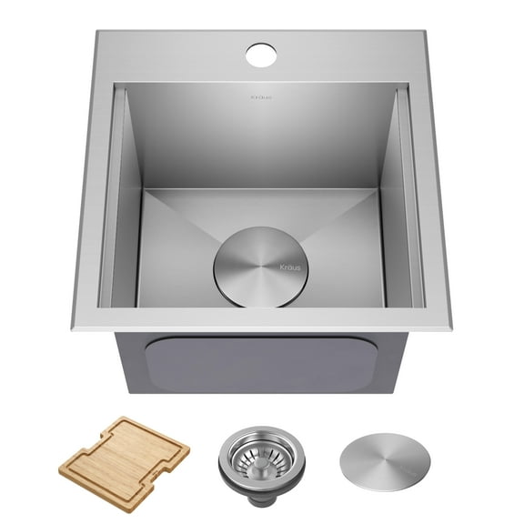 KRAUS Kore 15” Drop In / Top Mount Workstation 16 Gauge Single Bowl Stainless Steel Bar Kitchen Sink with Accessories
