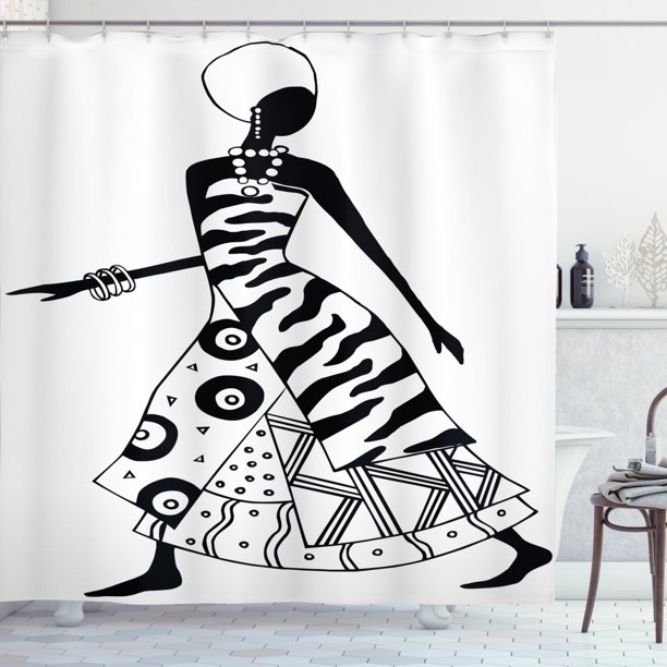 African Woman Shower Curtain, Woman Silhouette in Native Tribal Fashion