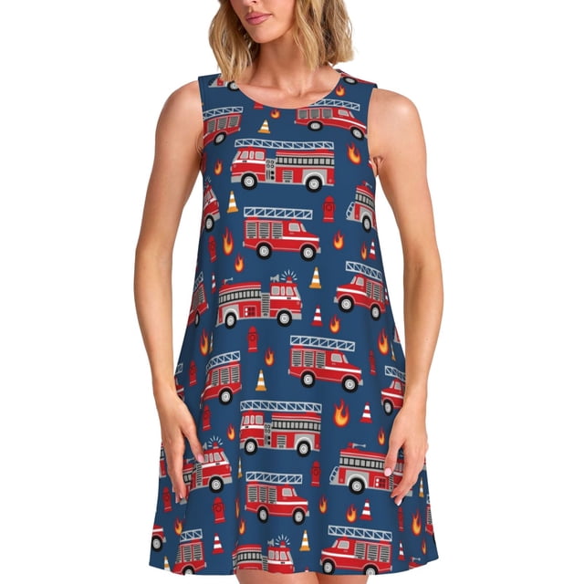 Fotbe Fire Truck 1 Vestido de Verano sin Mangas para Mujer – Vestido Midi Línea A, Estilo Camiseta Floral, Vestido Playero Casual y Fluido