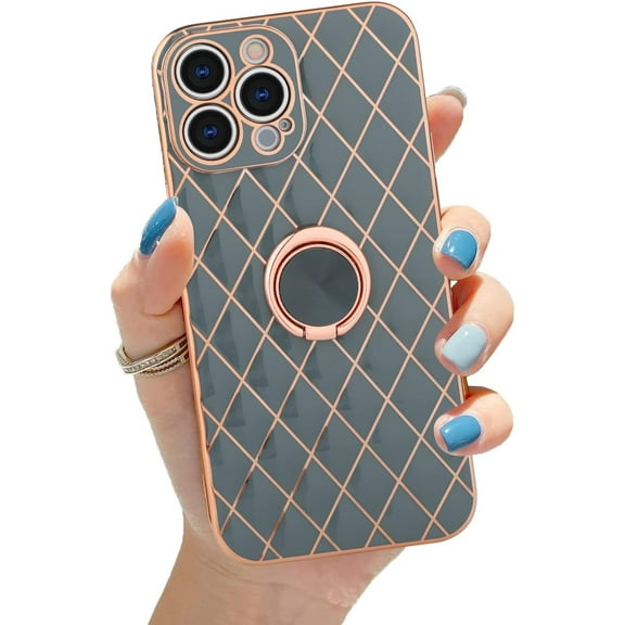 for iPhone 13 Pro Max Case with Ring Holder Stand Luxury Glitter Plating Gold Edge 360 Rotation Kickstand Phone Case for Women Shockproof Soft Flexible TPU Protective Cover Case-Grey