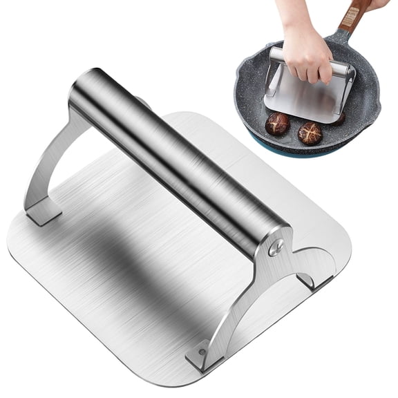 SomWiBe Kitchen Stainless Steel Steak Weight Bacon Press With Handle Heavy-Weight Grill Press Commercial Grade Burger Silver 1 Pack