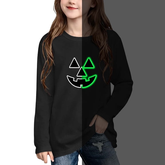 CLOISE Long Sleeve Shirts for Kids Boys Girls Halloween Glow in the Dark Cotton Crew Neck Casual Tee Tops Pumpkin Pullover Fall Slim Tunic Outfits for Daily Wear Black 11T