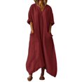 thumbnail image 2 of Vhkiploz Summer Maxi A-Line Linen Dress for Women's V-Neck 3/4 Sleeve T-Shirt Dress Solid Color Beachwear Tunic Dress with Pockets, S-2XL, 2 of 8
