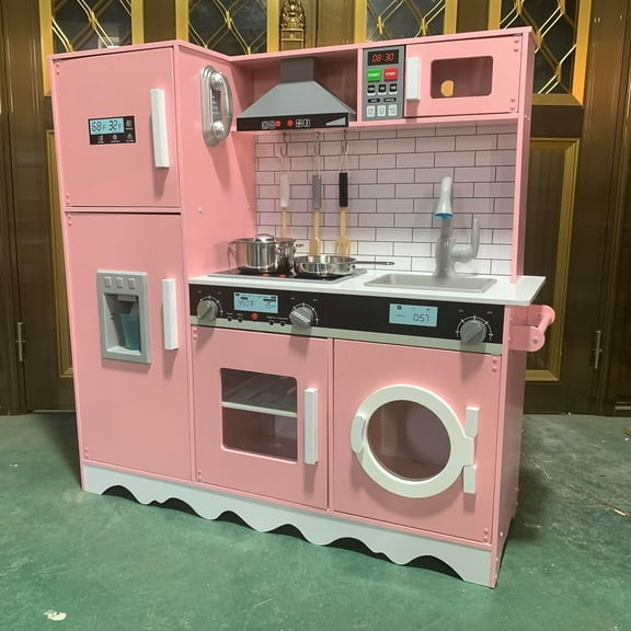Lil' Jumbl Large Kids Kitchen Set, Wooden Pretend Play Kitchen with Icemaker, Microwave & More - Pink