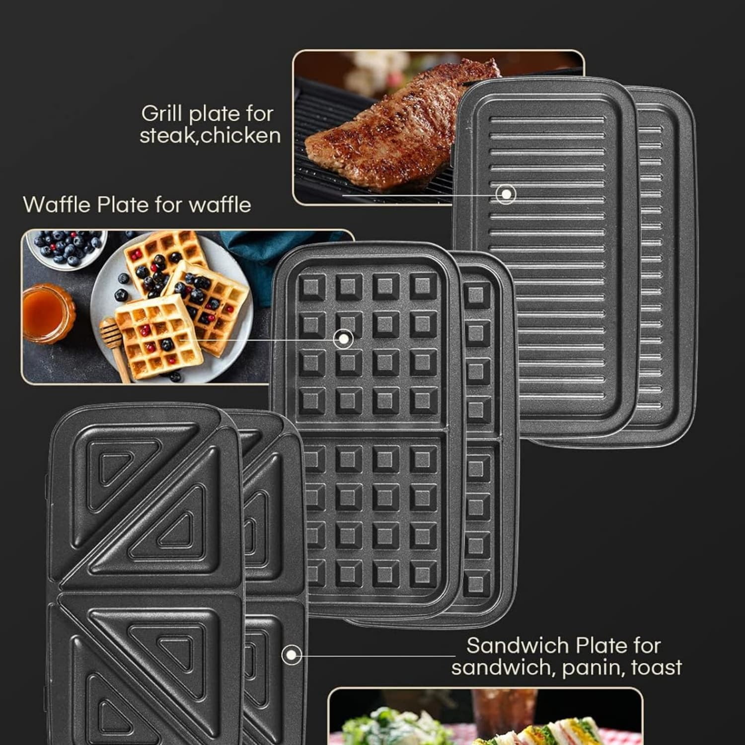 Sandwich Maker 3 In 1 Waffle Maker With Removable Plates,1200W Grilled Cheese Maker, 5-gear Temperature Control, Non-stick Coating Easy to Clean, Indicator Lights, Silver/Black