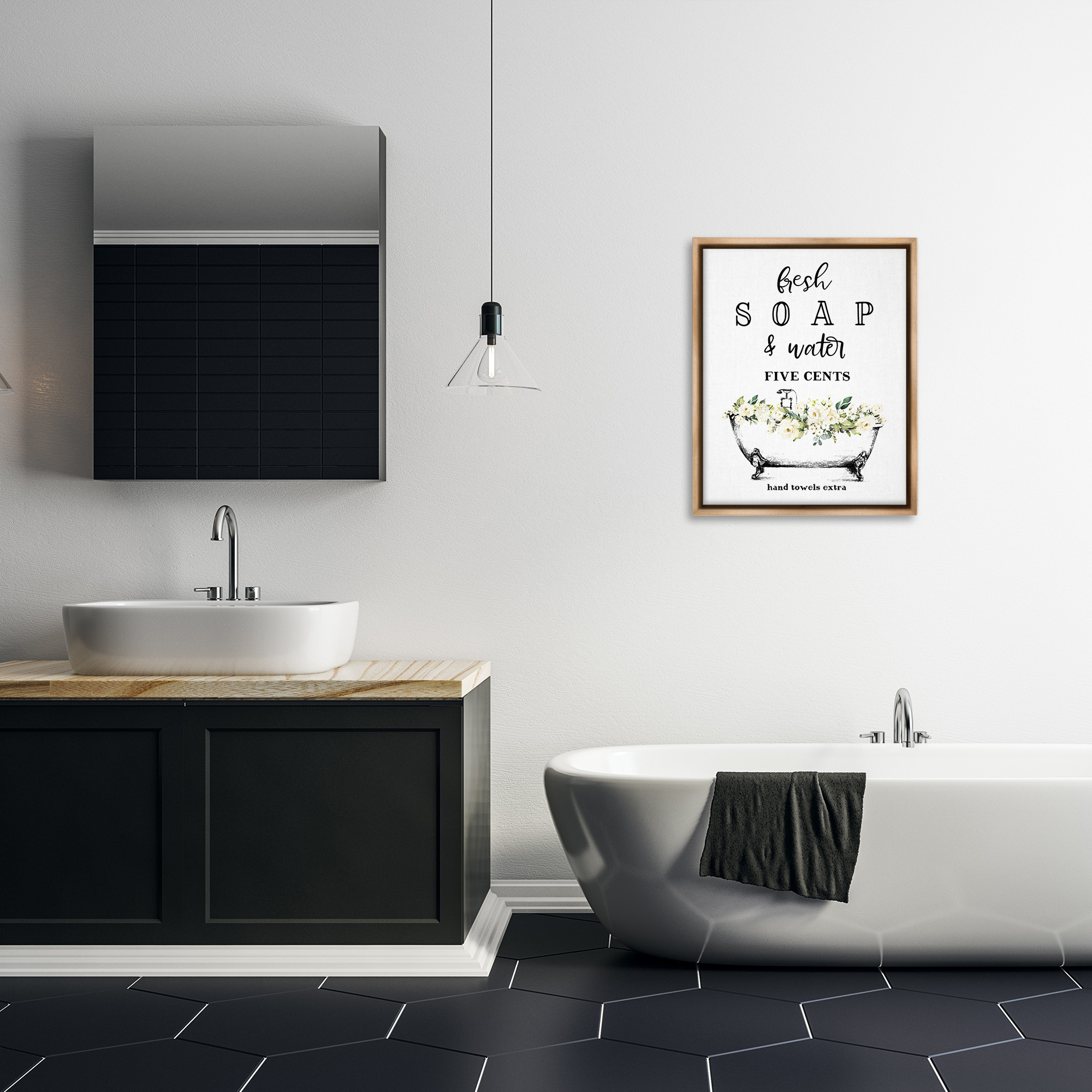 Stupell Industries Fresh Soap & Water Bath Tub Botanical & Floral Painting Brown Floater Framed Canvas Art Print Wall Art, 25 x 31