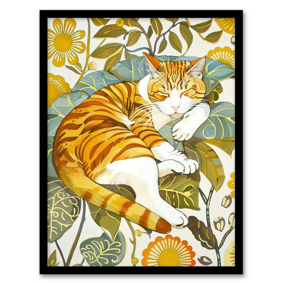 Artery8 Sleeping Orange Tabby Cat Lover Bright Floral Living Room Art Print Framed Poster Wall Decor 12x16 inch