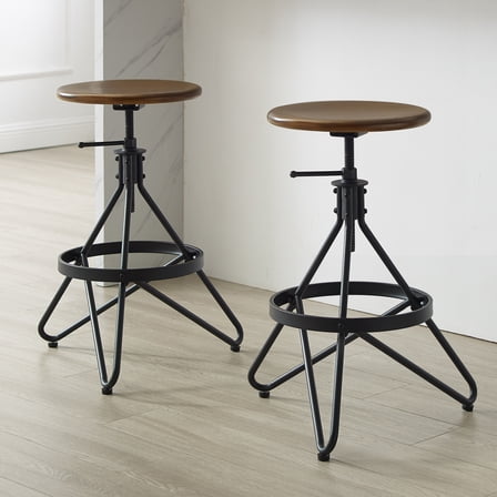 Adjustable Height Swivel Stools - 2 Piece Industrial Bar & Counter Stool Set - Brown & Black