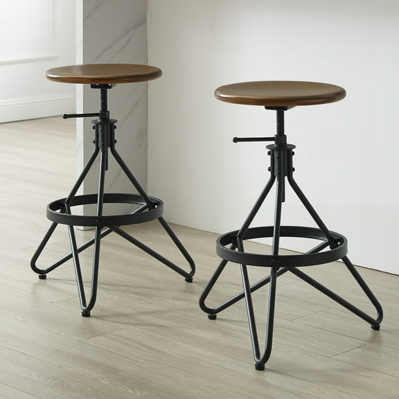 Adjustable Height Swivel Stools - 2 Piece Industrial Bar & Counter Stool Set - Brown & Black