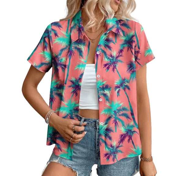 Hueook Hawaiian Shirt Holiday Tops for Women Oversized Shirts Ladies' Fashionable Short Sleeved Lapel Casual Hawaiian Print Button Up Multicolor 5X