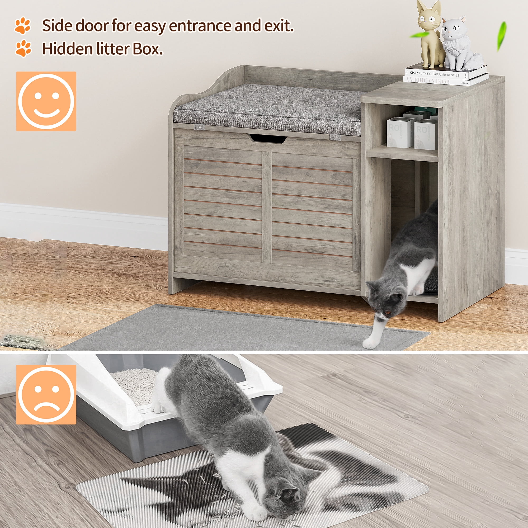 Large Wooden Cat Litter Box Enclosure – Flip-Top Opening, Hidden Storage Shelf, Litter Mat, Cushion & Pad – Covered Cat Washroom Furniture for Indoor & Heavy Cats