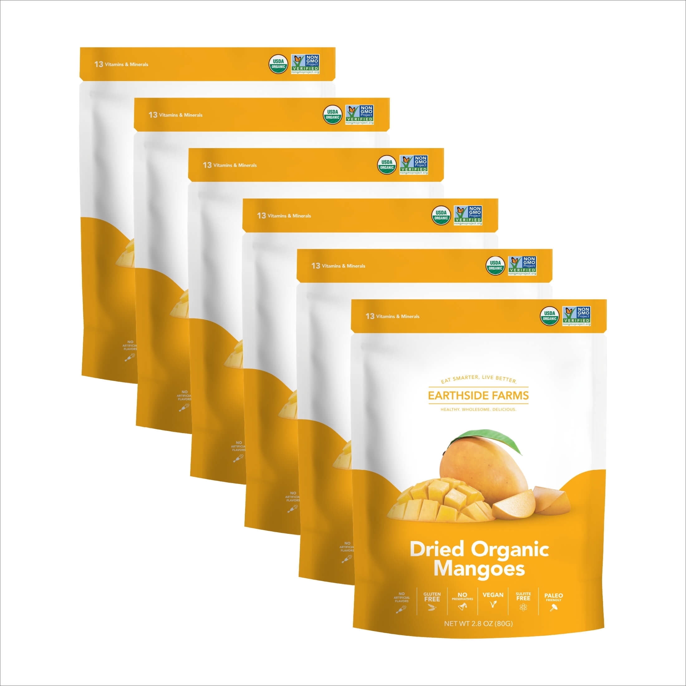 Earthside Farms Organic Dried Mango, No Added Sugar, Unsweetened Dried Fruit Snack, 2.8 oz Bags, 6 Pack