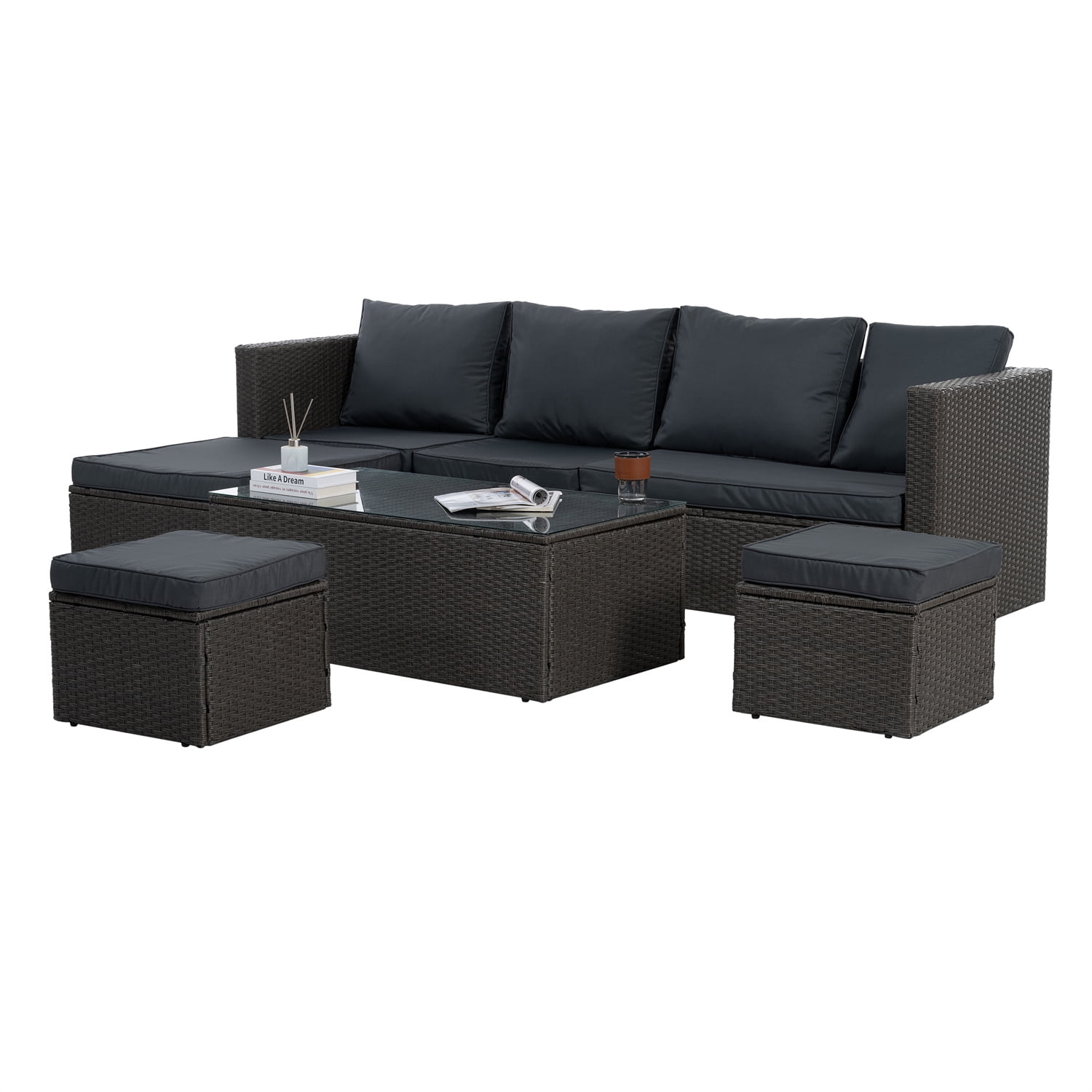 7 Piece Patio Furniture Sets Outdoor Sectional PE Rattan Outdoor Furniture Patio Conversation Set with Adjustable Lounger Sofa & Ottomans, for Balcony Lawn and Garden, Gray