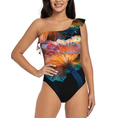 Goofa Bioluminescent Underwater Flower Pattern Women s One Piece Swimsuits Tummy Control Bathing Suits Asymmetric One Shoulder Swimwear-XX-Large