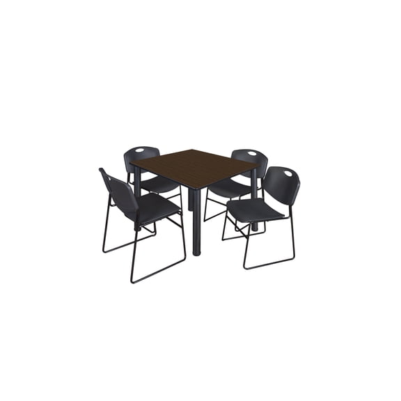 Regency Kee 48" Square Breakroom Table- Neo Walnut/ Black & 4 Zeng Stack Chairs- Black