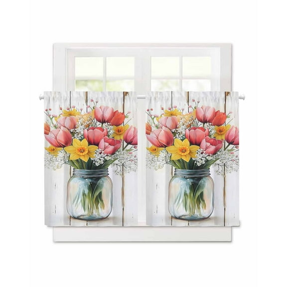 Spring Pink Tulip Short Blackout Curtains 36 Inch Long Watercolor Flower Wood Grain Rod Pocket Kitchen Curtains, 2 Panels Thermal Insulated Room Darkening Drapes for Bedroom, 30"W x 36"L