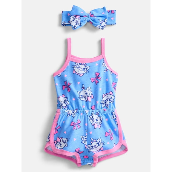 Disney Classics Marie Baby Girls Spaghetti Strap Print Romper with Matching Bow Headband, Sizes 0/3M-24M