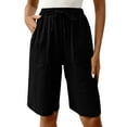 thumbnail image 3 of Simua Women's Knee Length Shorts Wide Leg Elastic Drawstring Pockets Solid Color Bermuda Shorts for Women Culottes, 3 of 10