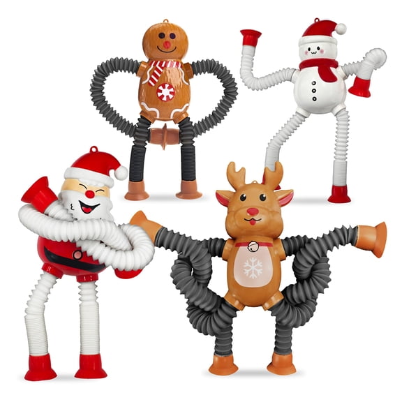 4Pcs Christmas Telescopic Tube Hanging Decoration Santa Claus Reindeer Snowman Gingerbread Suction Cup Fidget Tube Toy Holiday Party Ornament