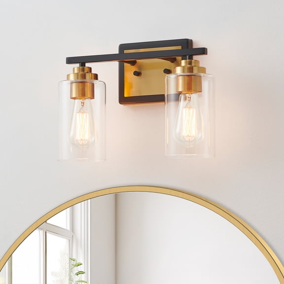 KAWOTI 13 in. 2-Light Black and Brass Vanity Light with Clear Glass Shades
