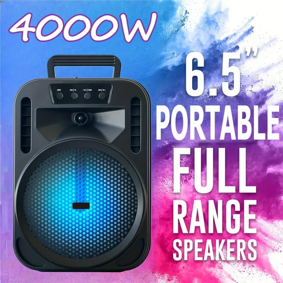 4000W Bluetooth Wireless Speaker with 6.5" Woofer, Heavy Bass, LED Party Lights, Rechargeable PA System with Handle, TWS/USB/TF/AUX/FM, Perfect for Indoor & Outdoor Use, Camping & Home Parties