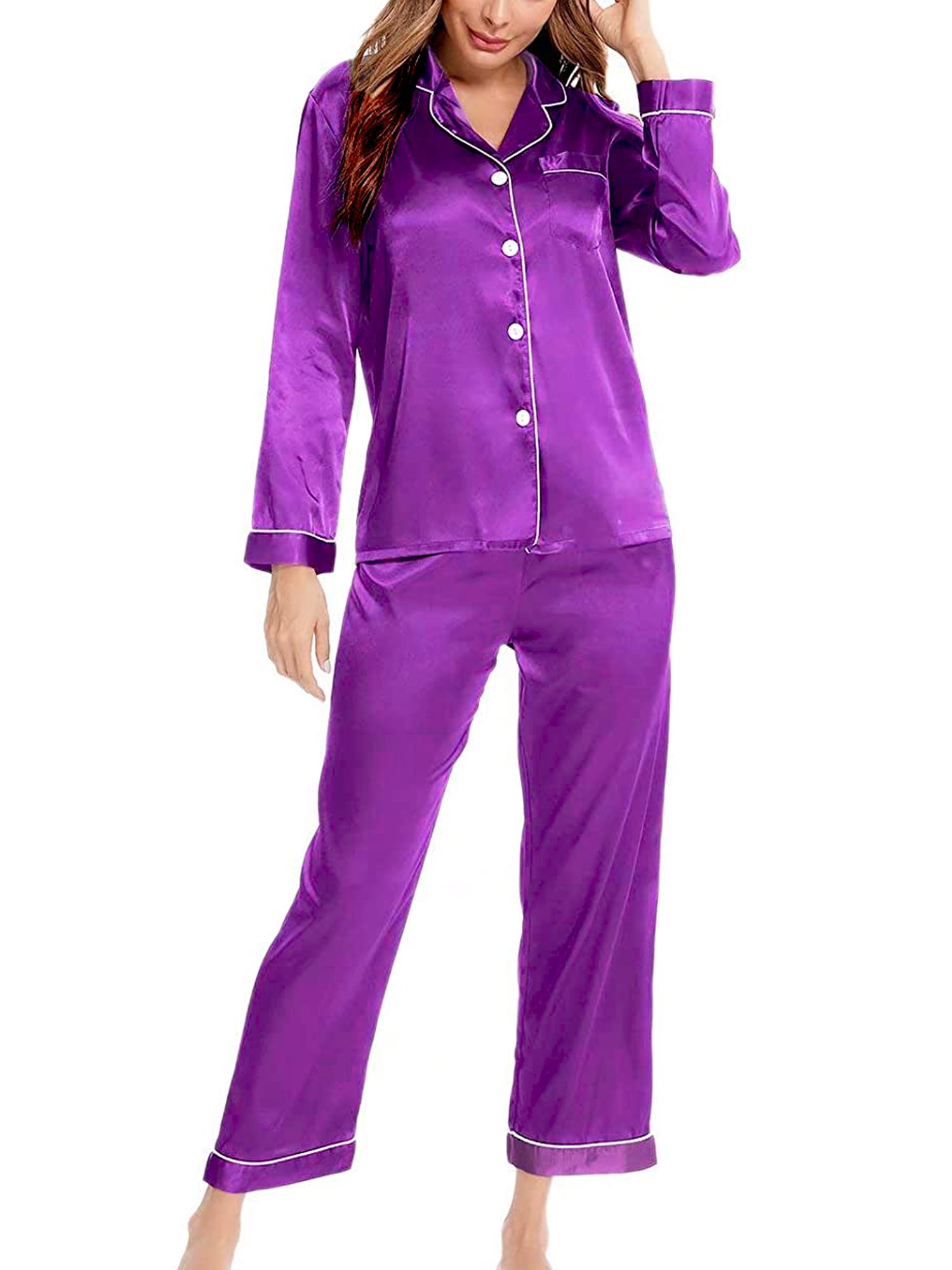 Lazybaby Womens Silky Satin Pajamas Long Sleeve Loungewear Twopiece