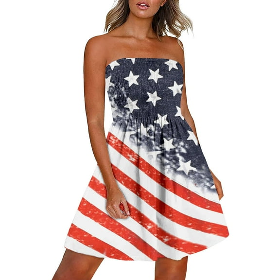 Summer Savings Clearance! Edvintorg 4Th Of July Off Women Summer Off Shoulder Dress Women's Boho Style Independence Day Print Sleeveless Beach Dresses Casual Festival Outfits