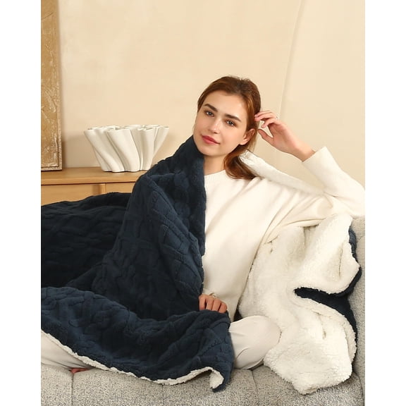 TRUSTWARMTH Electric Heated Blanket Throw 50"×60", Electric Throw Blanket with 5 Heating Levels & 4 Hours Auto Off, Ultra Soft Jacquard Shaggy Sherpa, Machine Washable, Navy Blue