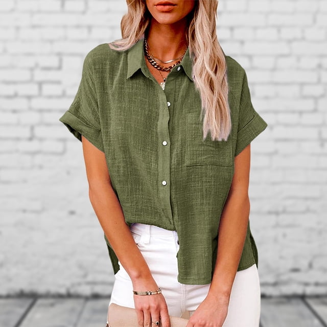 Blusa básica de mujer de manga corta con cuello vuelto de algodón y lino con cuello en V para uso diario FLhrweasw Nuevo