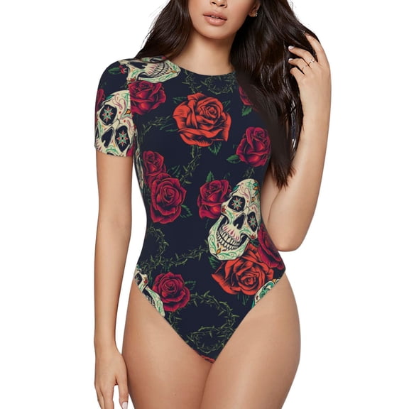 The Xecao Roses Skulls Women's Crew Neck Body Suit, a short-sleeved bodysuit and basic swimsuit, both comfort and style for dating and daily life