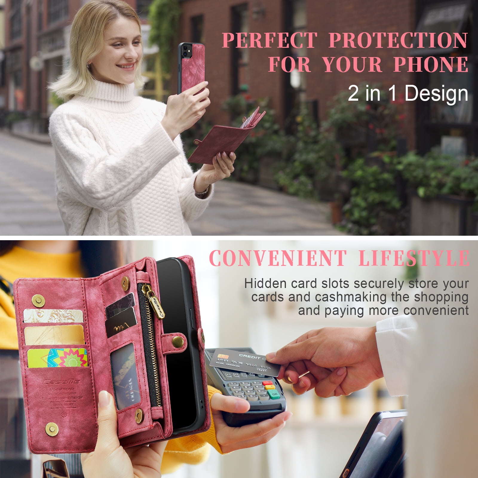 Feishell Durable 2-In-1 Magnetic Detachable Wallet Case for iPhone 12 / iPhone 12 Pro,for Women Men,Premium PU Leather Zipper Pocket Flip Multi Card Slots Purse Phone Case with Wrist Strap,Red