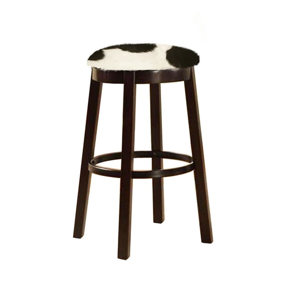 Bar Stool 24" Tall Wood Dark Brown Espresso Kitchen Game Room Swivel Seat Stool Featuring an Authentic Cowhide Covered Seat Cushion-Black and White Dairy