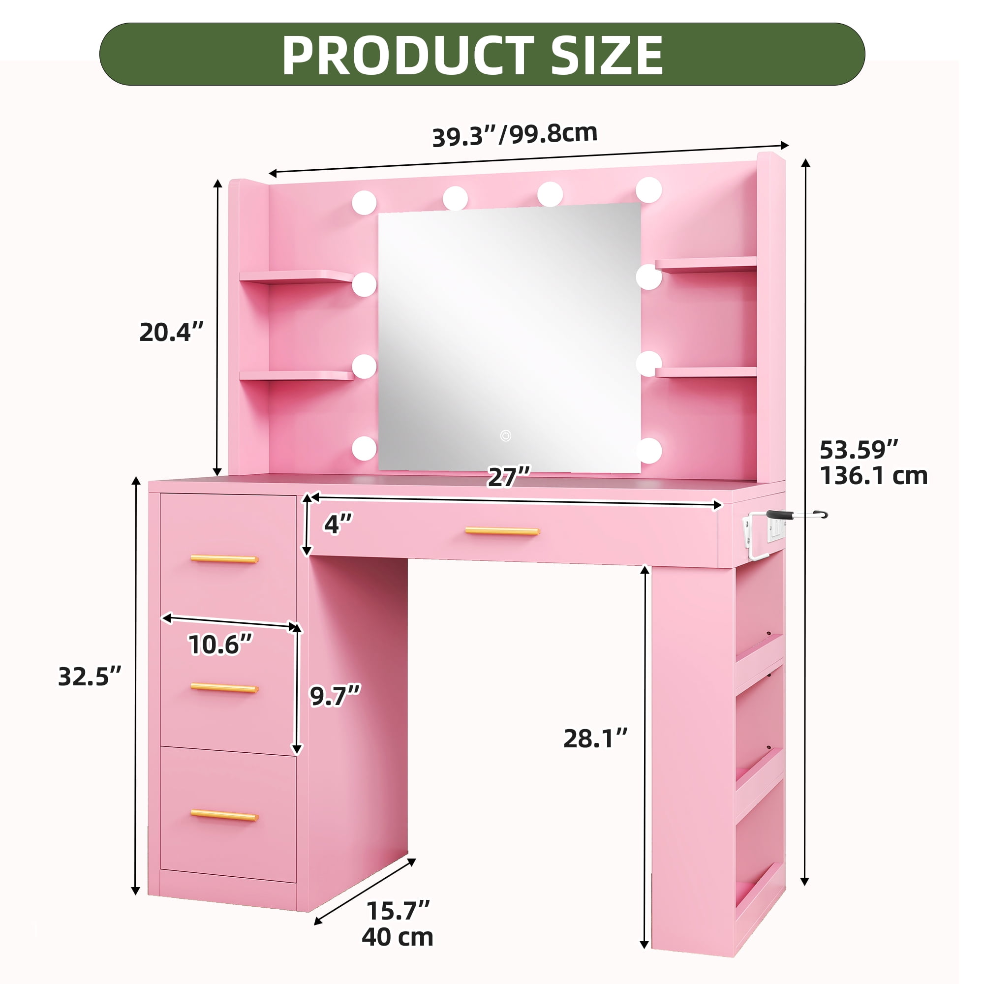 Uforic Engineered Wood 40" Pink Makeup Vanity Desk with LED Mirror, 4 Drawers, Hair Dryer Holder, and Shelves