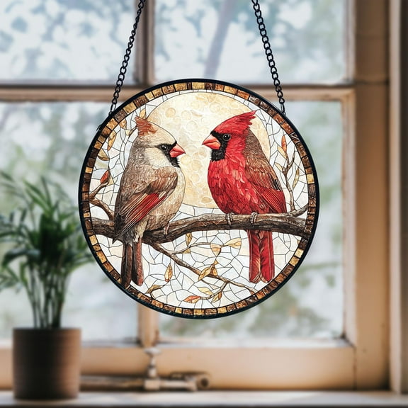 Cardinal Lovebirds Stained Glass Suncatcher Moonlight Red Bird Window Hanging Romantic Gift for Couples