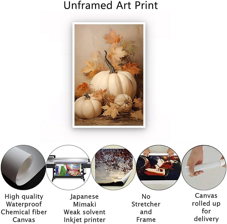 Farmhouse Fall Canvas Wall Art, White Pumpkin Still Life Painting Pictures, Rustic Farm Pumpkin Fall Leaves Posters, Halloween Thanksgiving Autumn Wall Print Decor 12X16in Unframed
