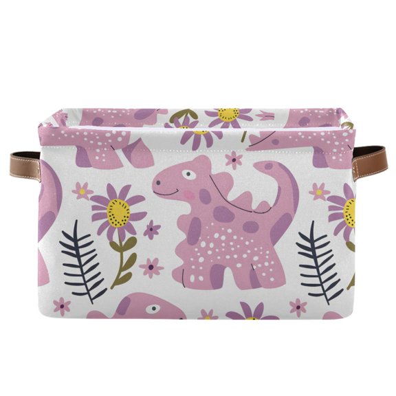 Cute Dinosaur and Daisy Storage Bins with Handle Fabric Organizer Basket Foldable Box 1 Pack 14.2x10.2x8.3