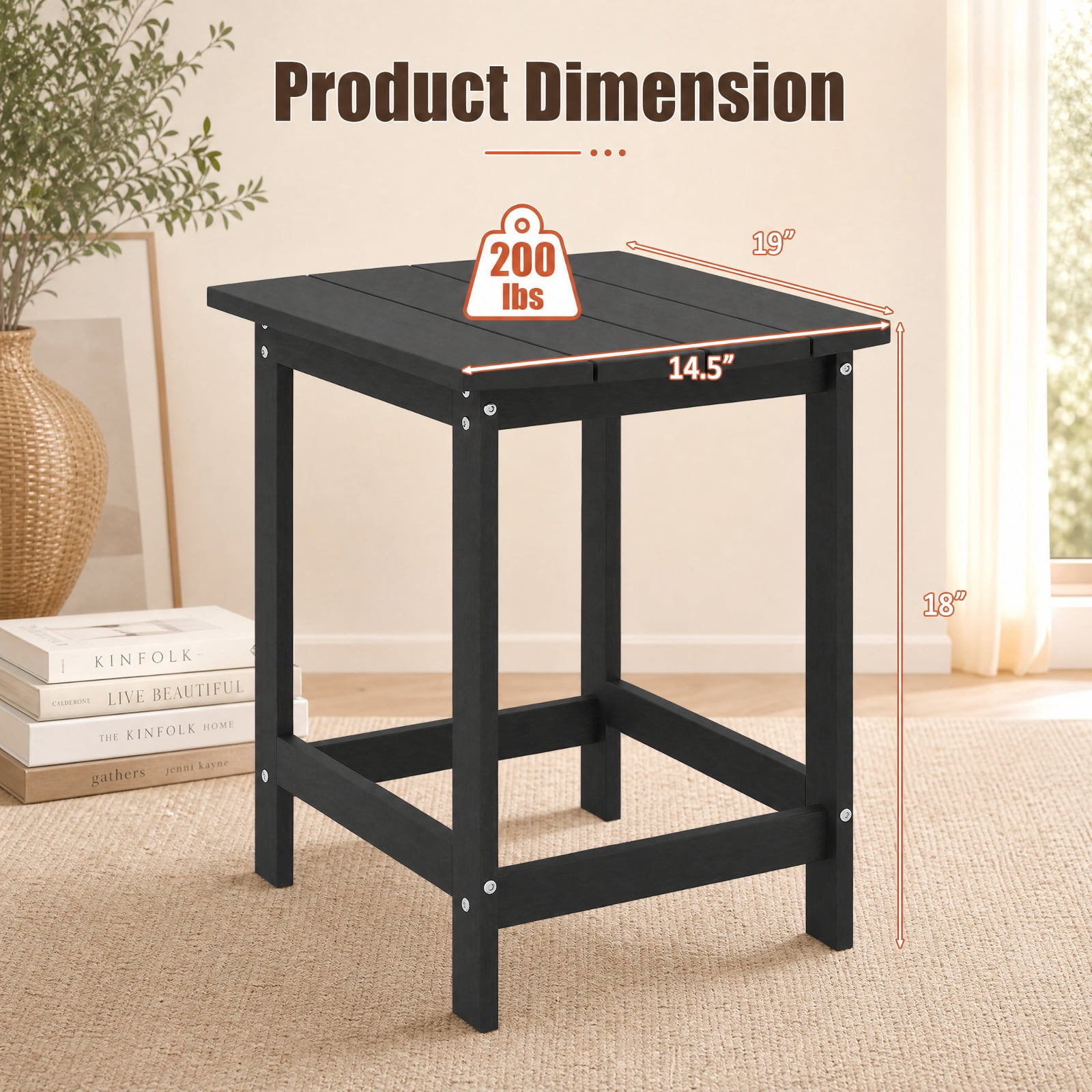 Biotree 18 Inch Weather Resistant Side Table Outdoor, HDPE Patio End Table with Large Top and 200 lbs Capacity for Garden Yard Adirondack Chair, Black