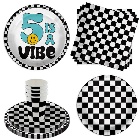 Five is a Vibe Smiley Face 5th Birthday Party Supplies 64 Piece Tableware Set Includes Large 9" Dinner Plate and Small Dessert Plates Cups and Napkins Tableware Kit for 16