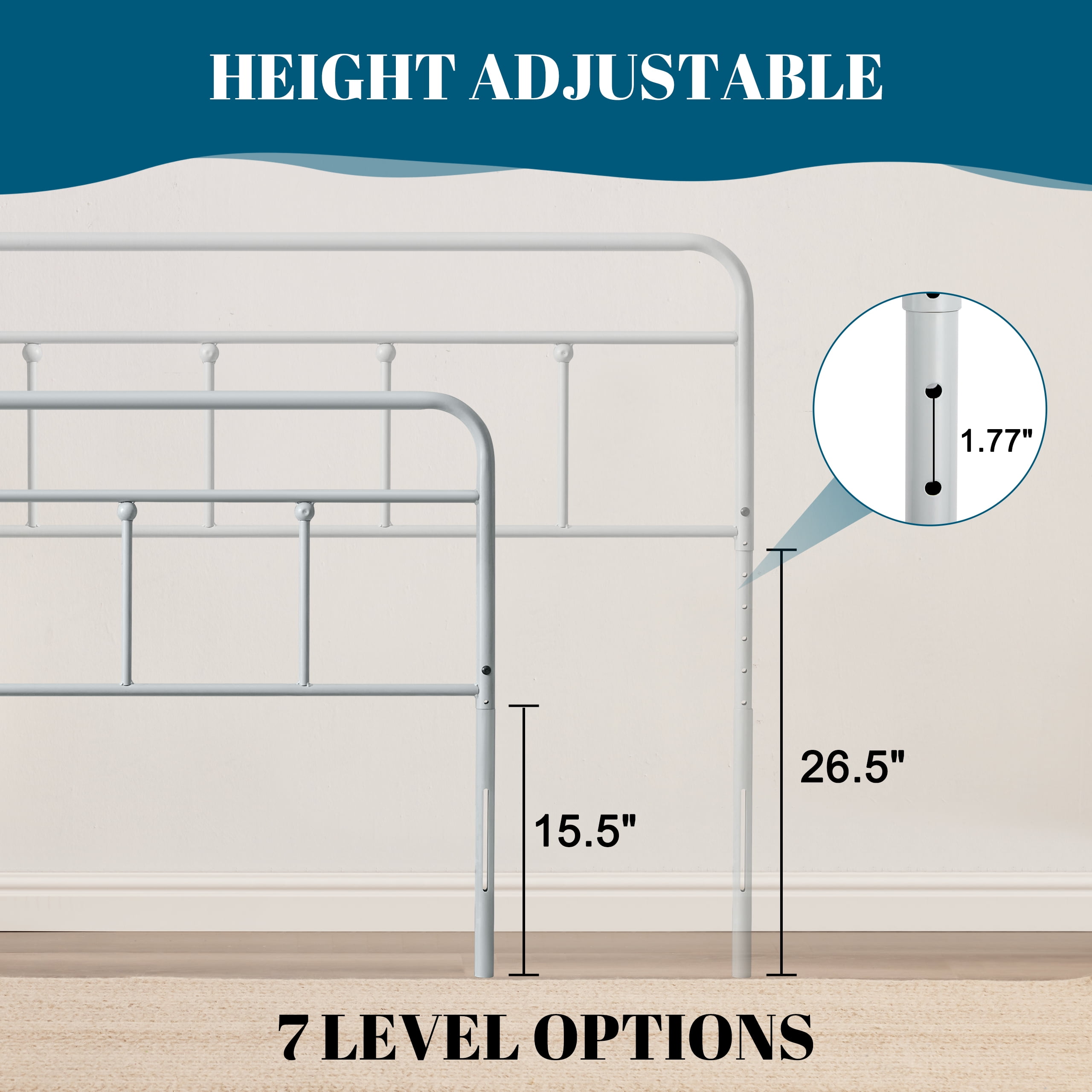 Huatean Queen Size Metal Headboard, Iron Head Board Adjustable Height from 34" to 44", Gray