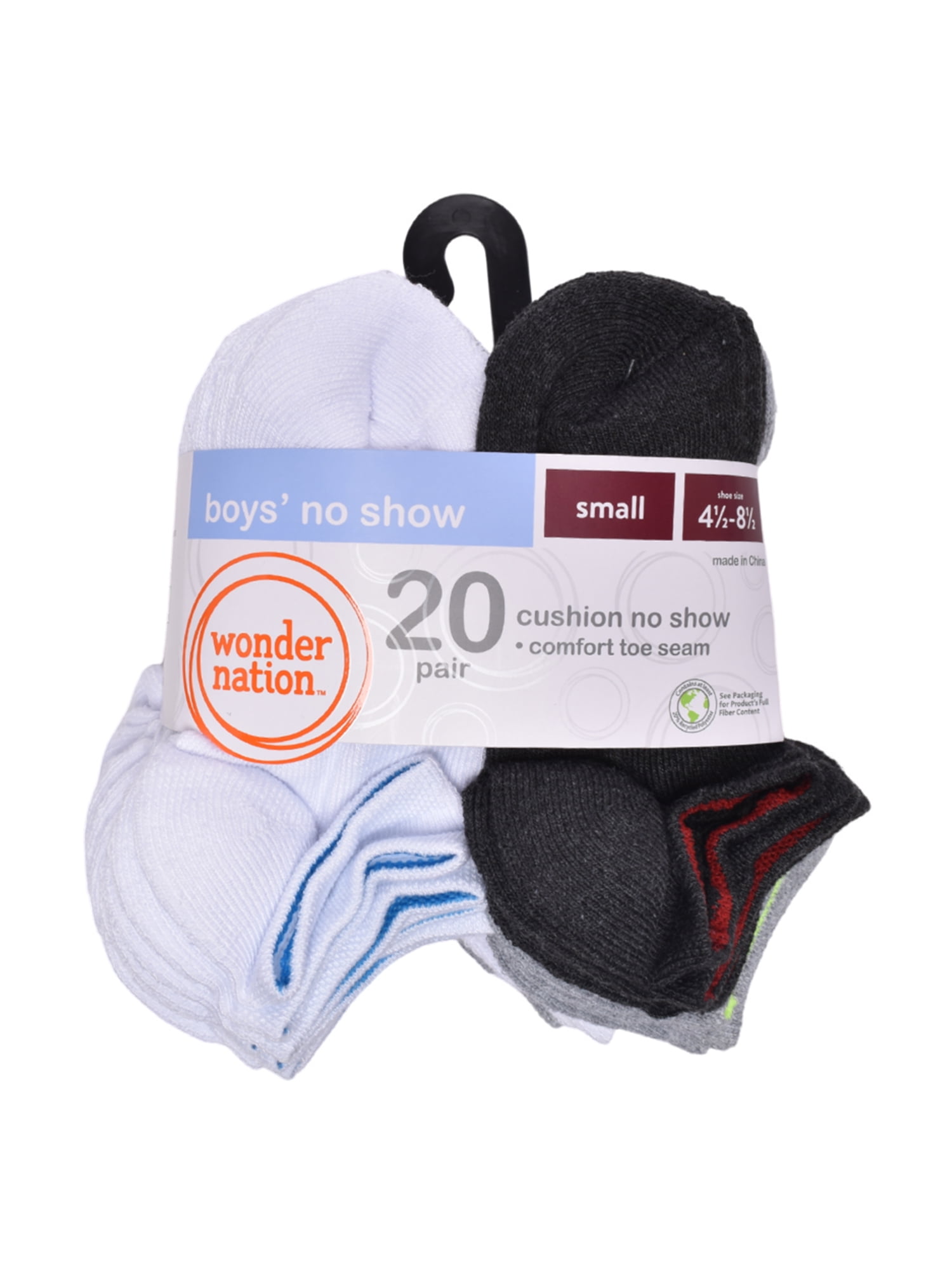 Wonder Nation Boys No Show Socks, 20-Pack, Sizes S (6-10.5) - L (4-10)