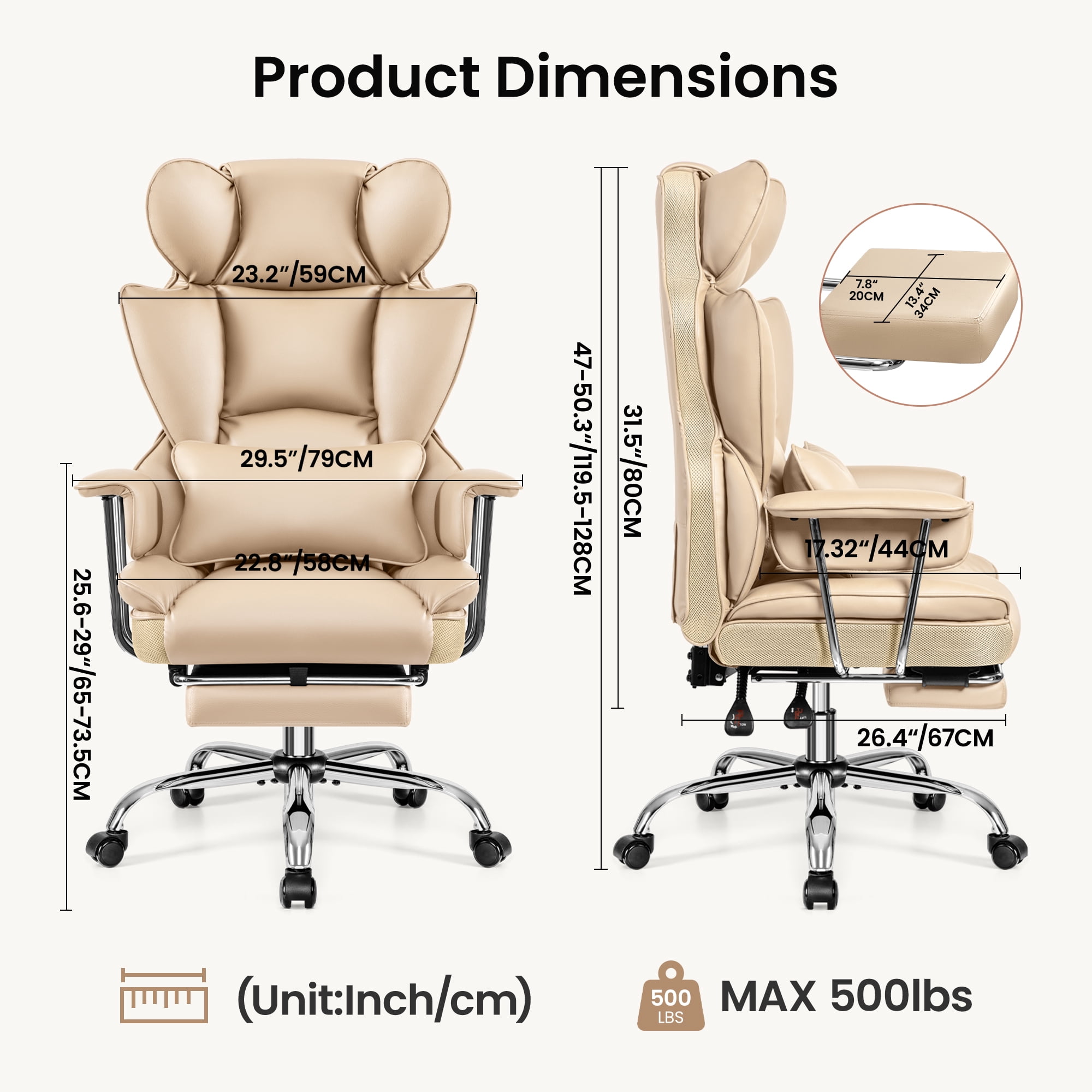 Primy High Back Office Chair, Big and Tall PU Leather Executive Chair with Footrest – Ergonomic Reclining Computer Desk Chair, High-Density Foam, Heavy Duty Swivel Rolling Chair, Khaki